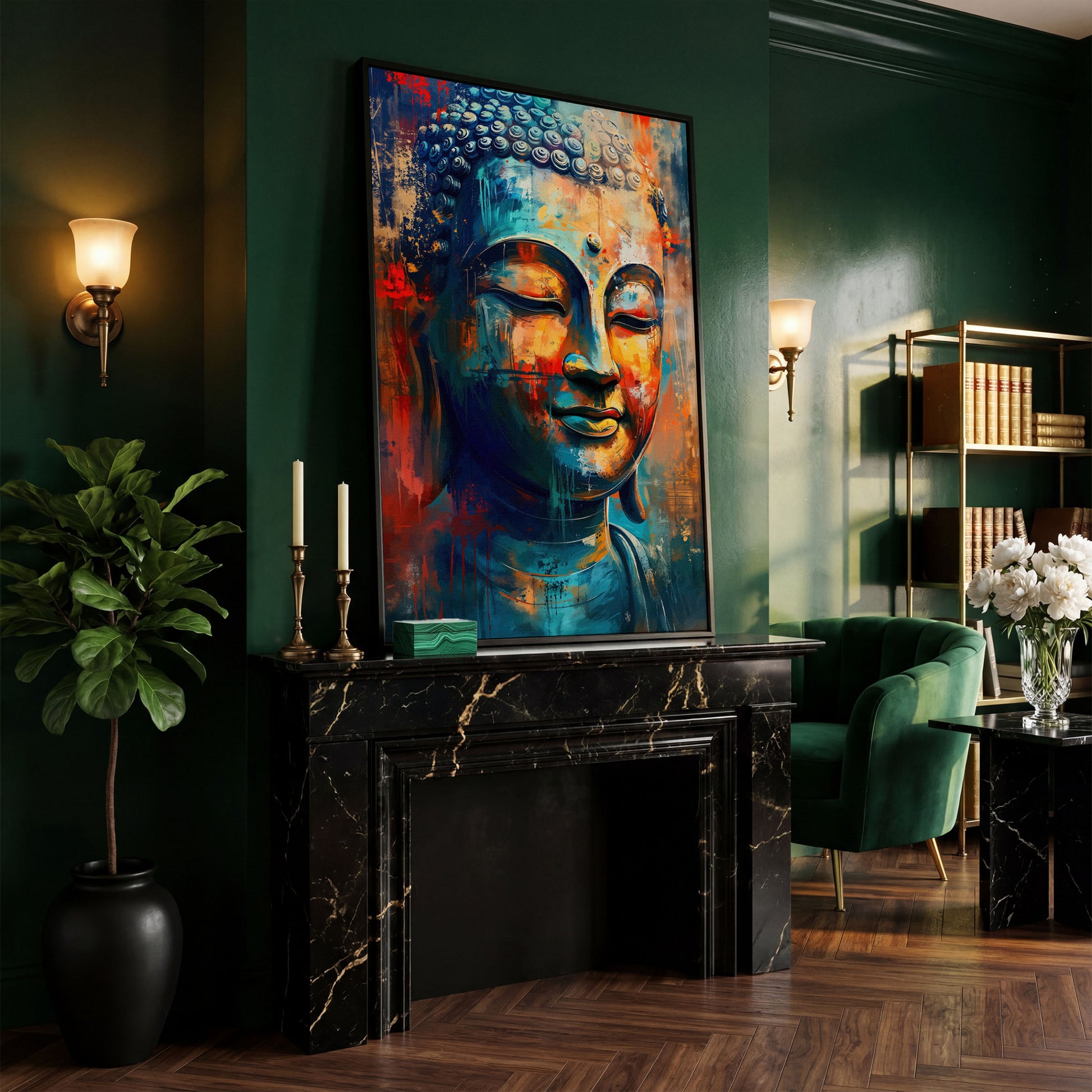 Modern Buddha Portrait Canvas in Teal and Sienna in black floating frame