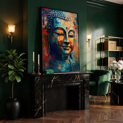 Modern Buddha Portrait Canvas in Teal and Sienna in black floating frame