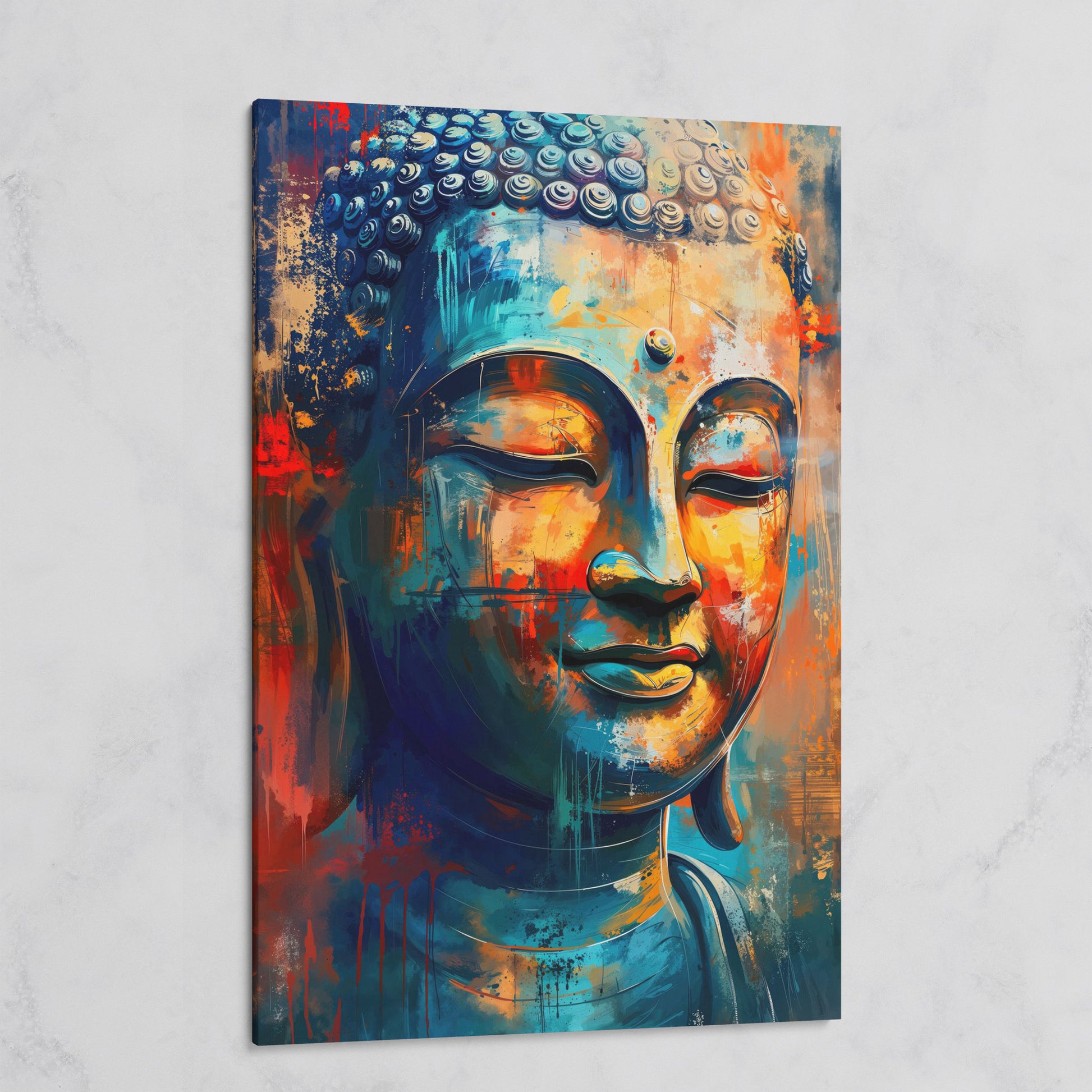 Modern Buddha Portrait Canvas in Teal and Sienna on gallery wrap