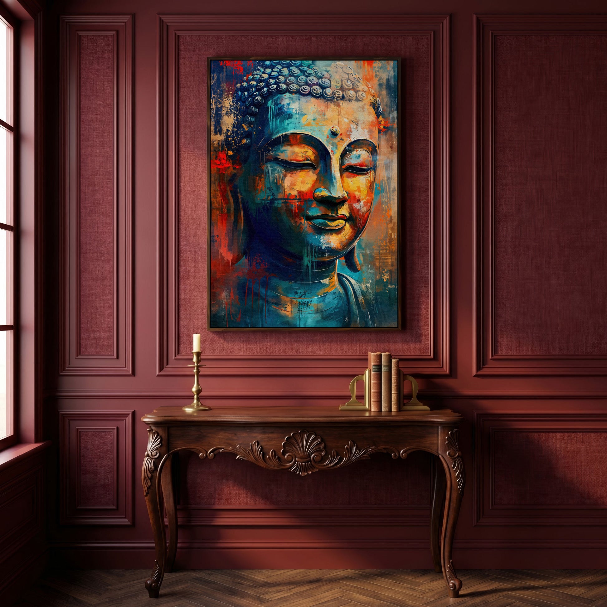 Modern Buddha Portrait Canvas in Teal and Sienna in dark walnut floating frame