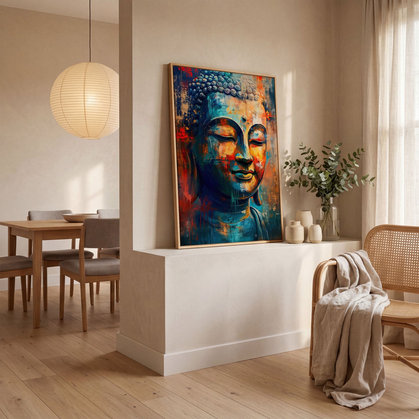 Modern Buddha Portrait Canvas in Teal and Sienna in white oak floating frame