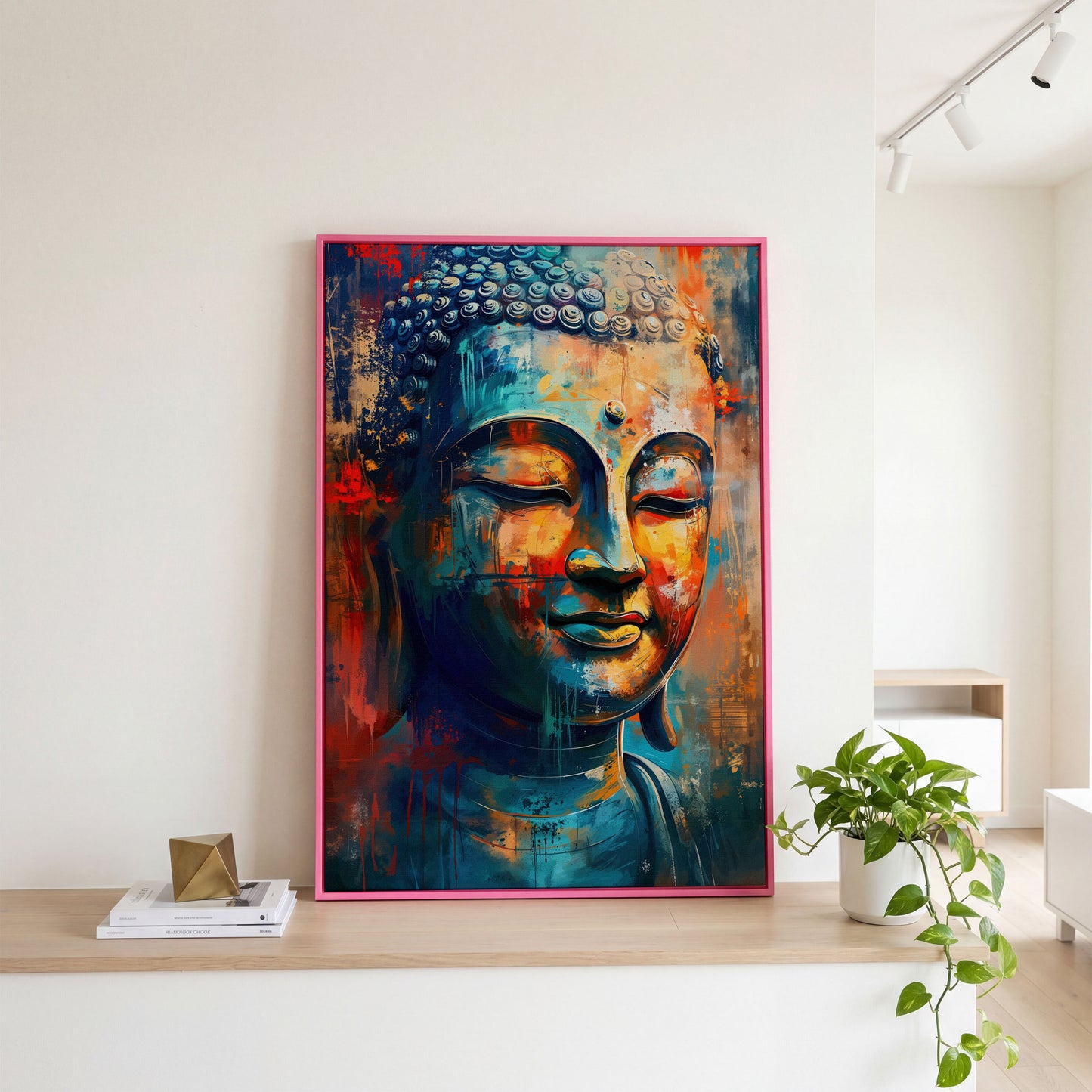 Modern Buddha Portrait Canvas in Teal and Sienna in pink floating frame