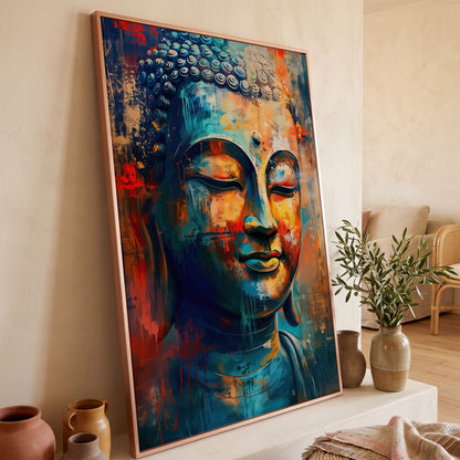 Modern Buddha Portrait Canvas in Teal and Sienna in rose gold floating frame