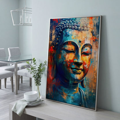 Modern Buddha Portrait Canvas in Teal and Sienna in silver floating frame