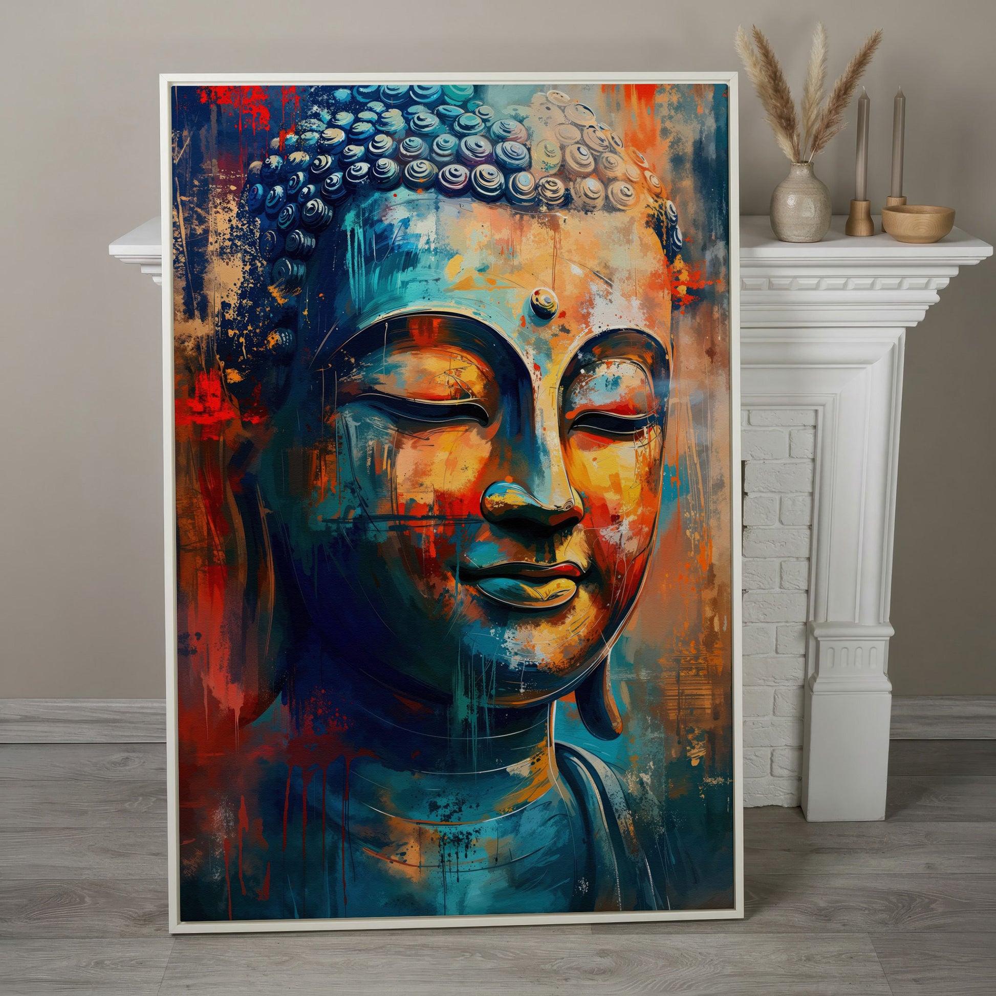 Modern Buddha Portrait Canvas in Teal and Sienna in white floating frame