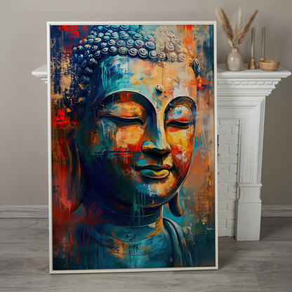 Modern Buddha Portrait Canvas in Teal and Sienna in white floating frame