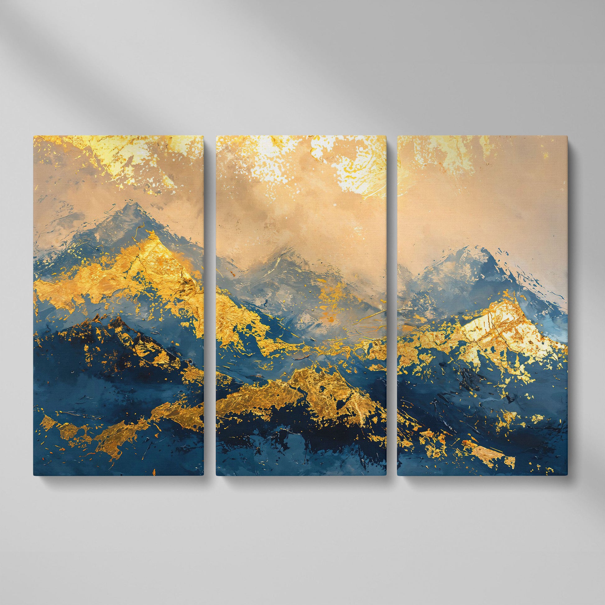 Abstract Mountain Canvas in Blue and Gold as 3-panel split version