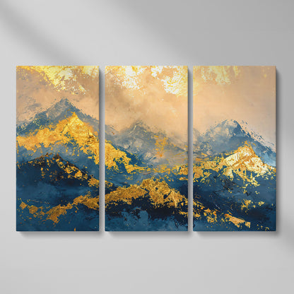 Abstract Mountain Canvas in Blue and Gold as 3-panel split version