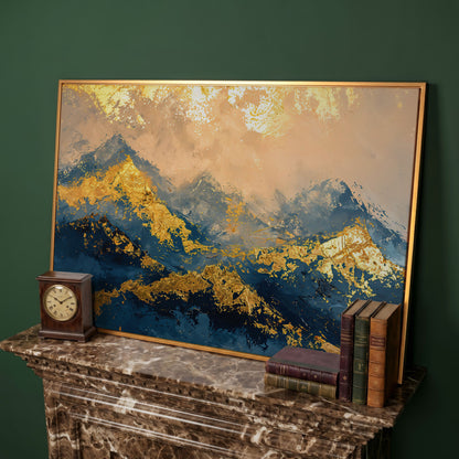 Abstract Mountain Canvas in Blue and Gold in antique gold floating frame