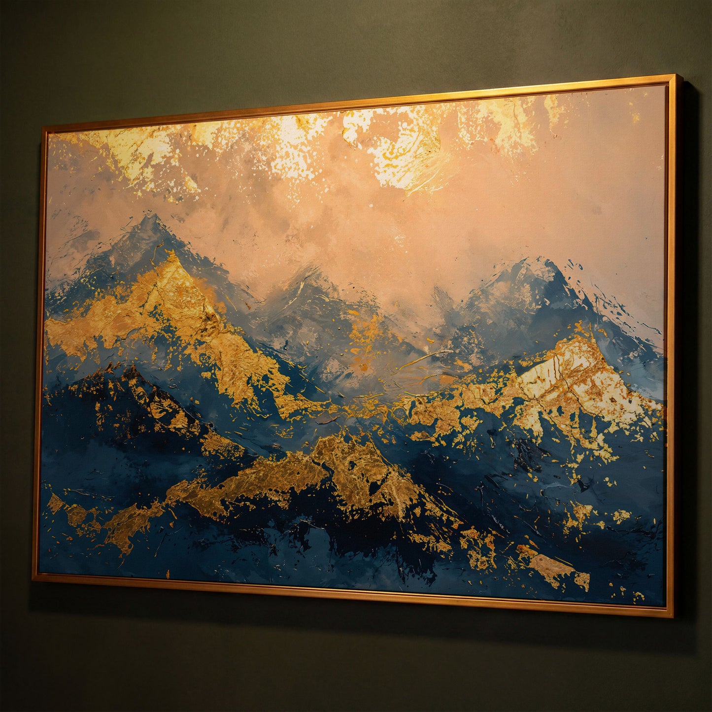 Abstract Mountain Canvas in Blue and Gold shown in antique gold floating frame