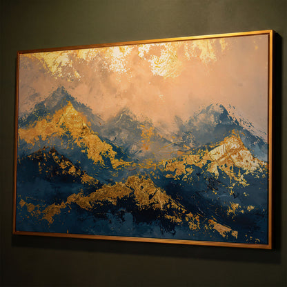 Abstract Mountain Canvas in Blue and Gold shown in antique gold floating frame
