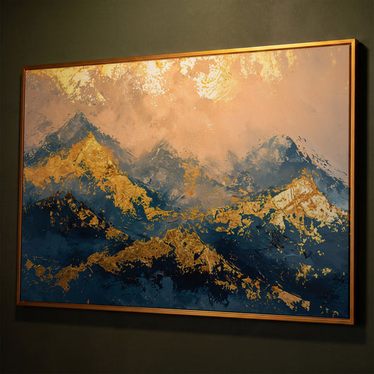 Abstract Mountain Canvas in Blue and Gold shown in antique gold floating frame