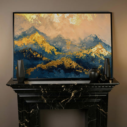 Abstract Mountain Canvas in Blue and Gold in black floating frame