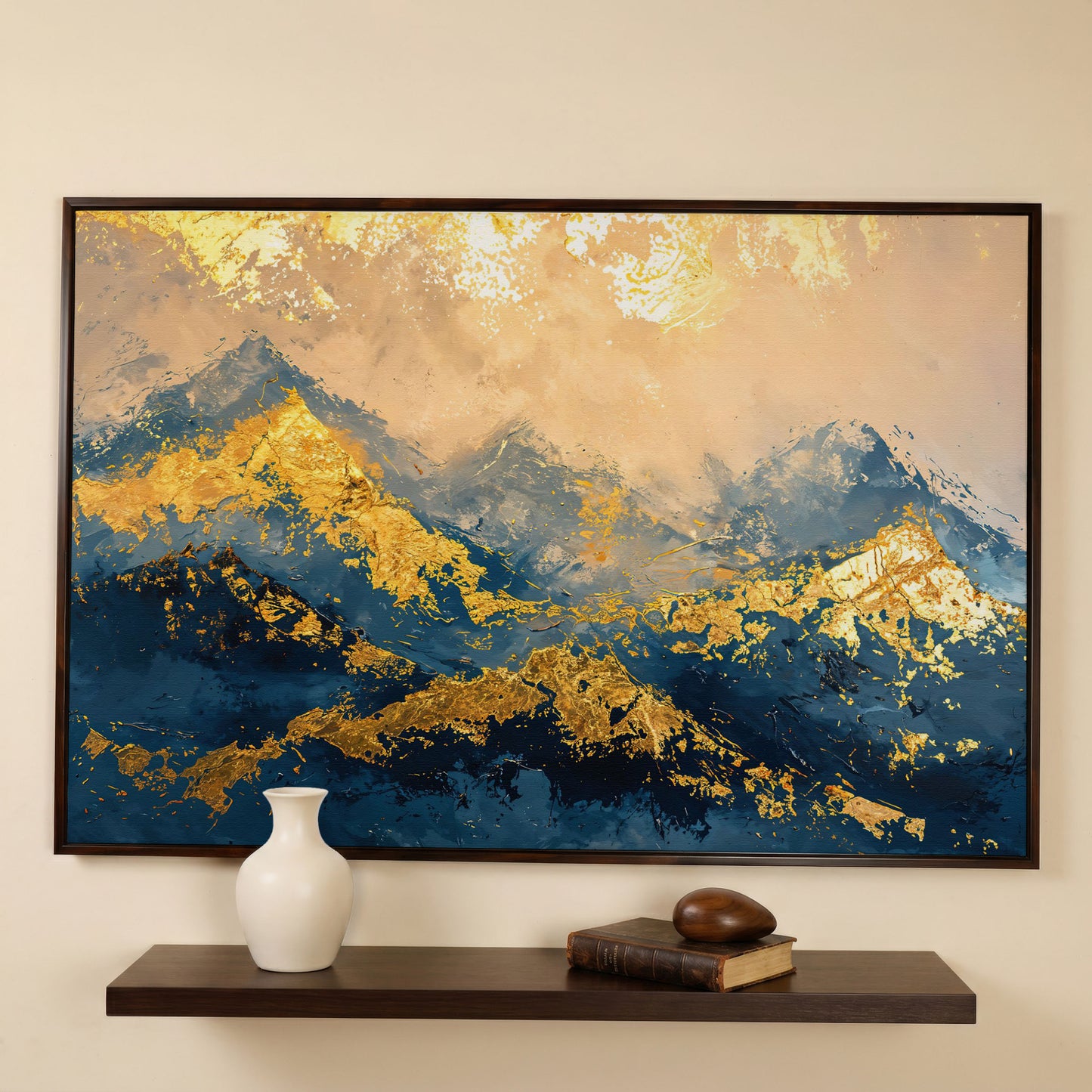 Abstract Mountain Canvas in Blue and Gold in dark walnut floating frame