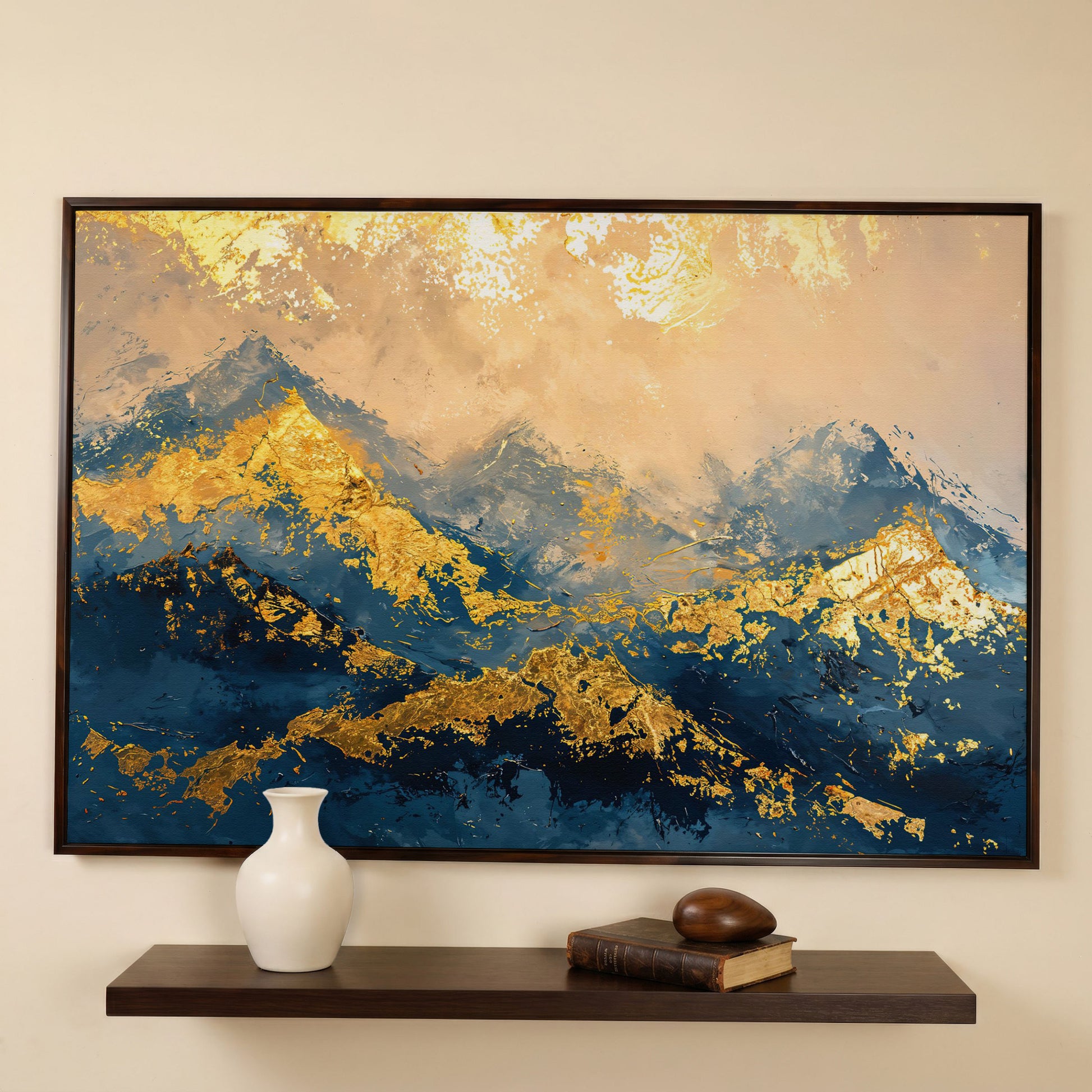 Abstract Mountain Canvas in Blue and Gold in dark walnut floating frame