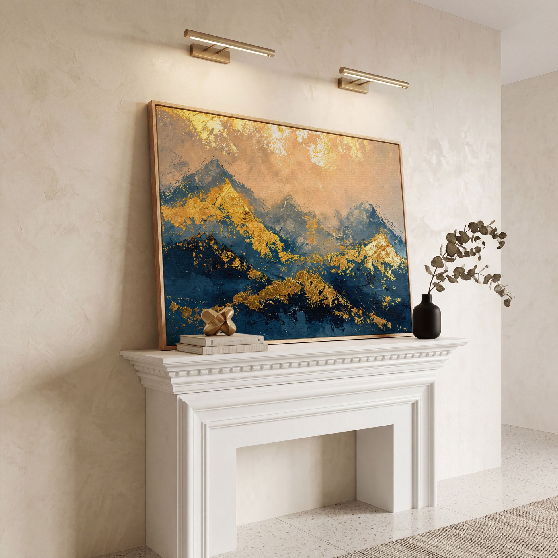 Abstract Mountain Canvas in Blue and Gold in white oak floating frame