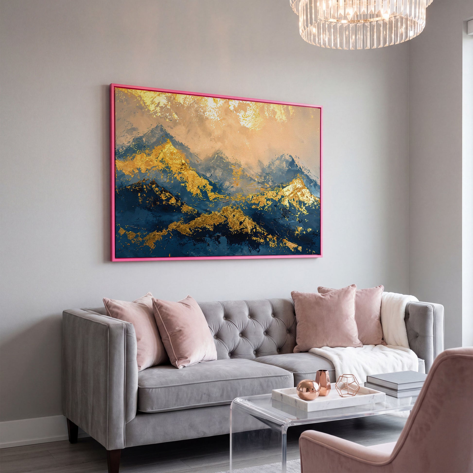 Abstract Mountain Canvas in Blue and Gold in pink floating frame