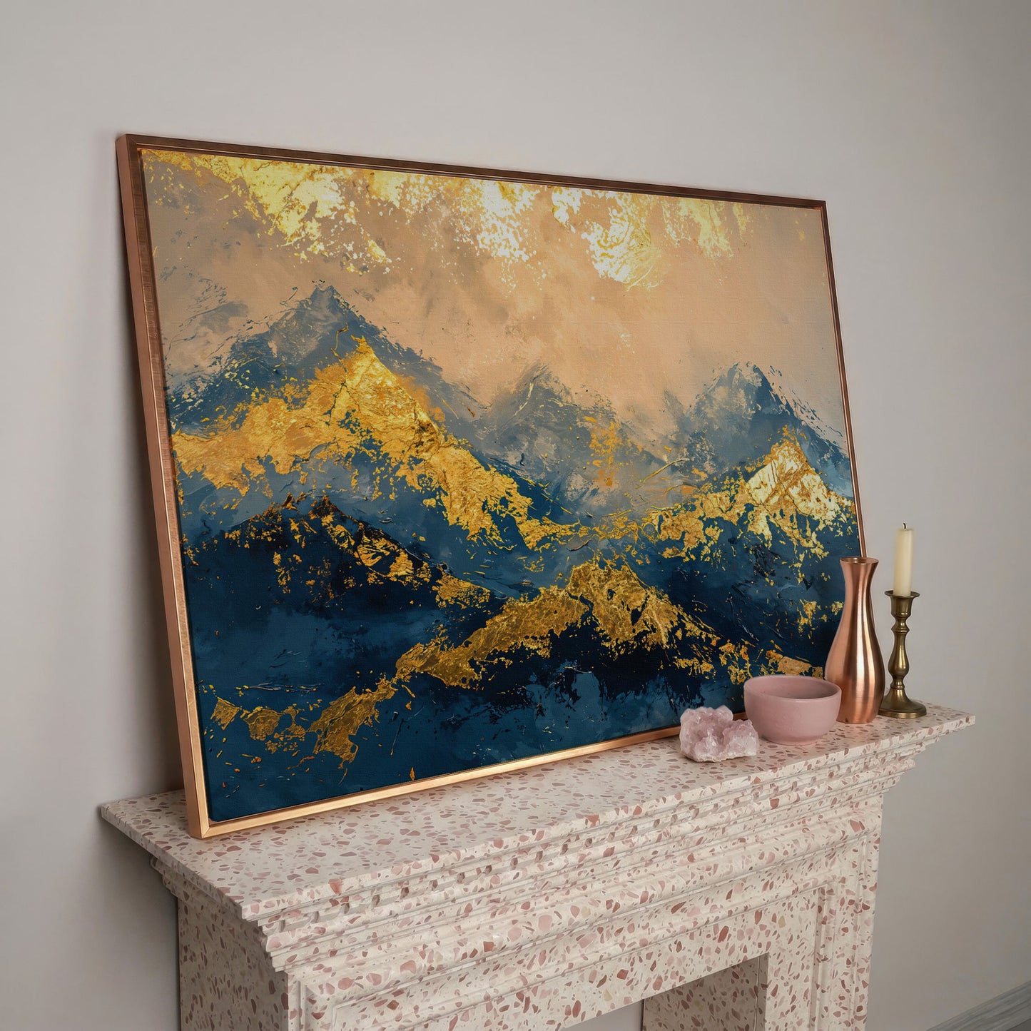 Abstract Mountain Canvas in Blue and Gold in rose gold floating frame