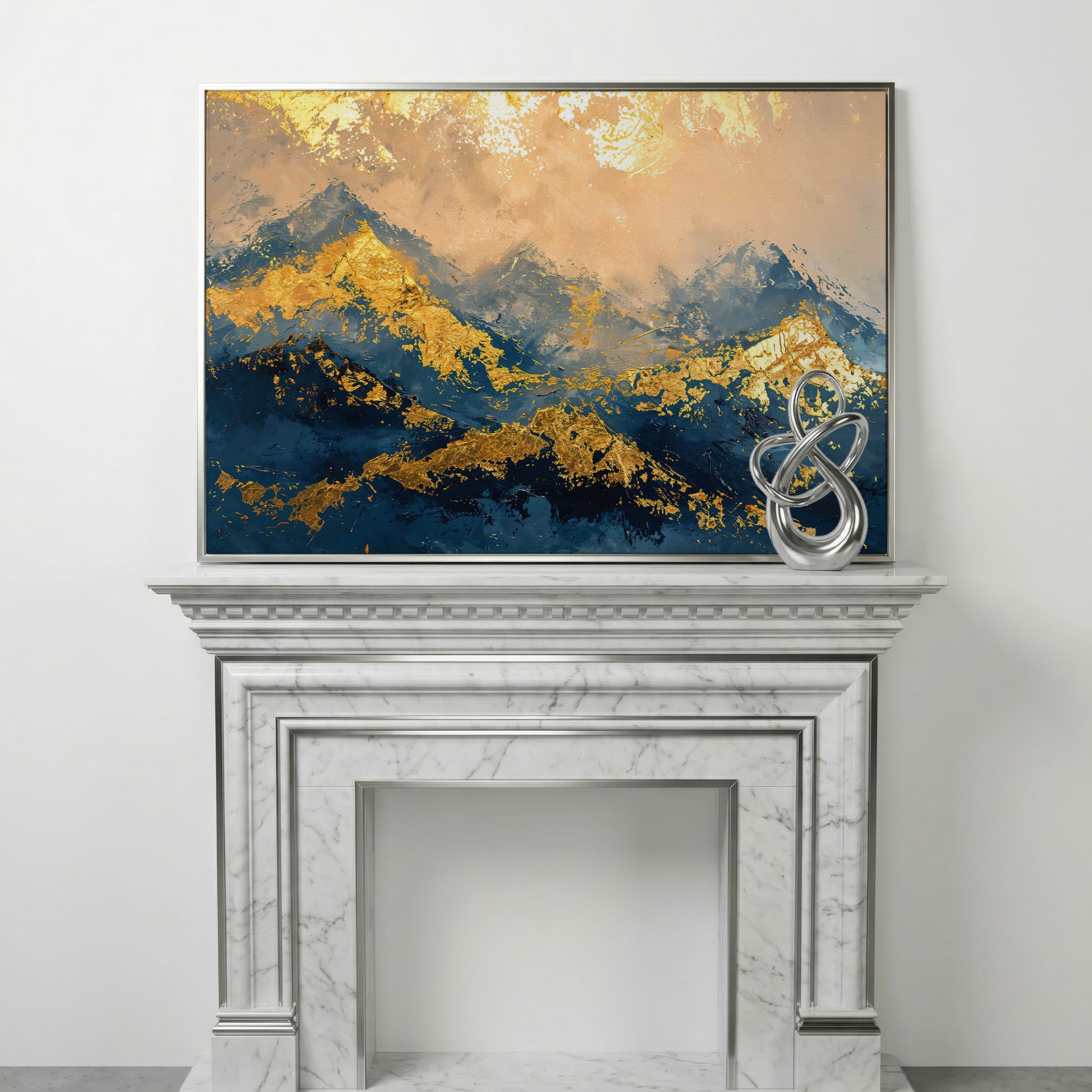 Abstract Mountain Canvas in Blue and Gold in silver floating frame