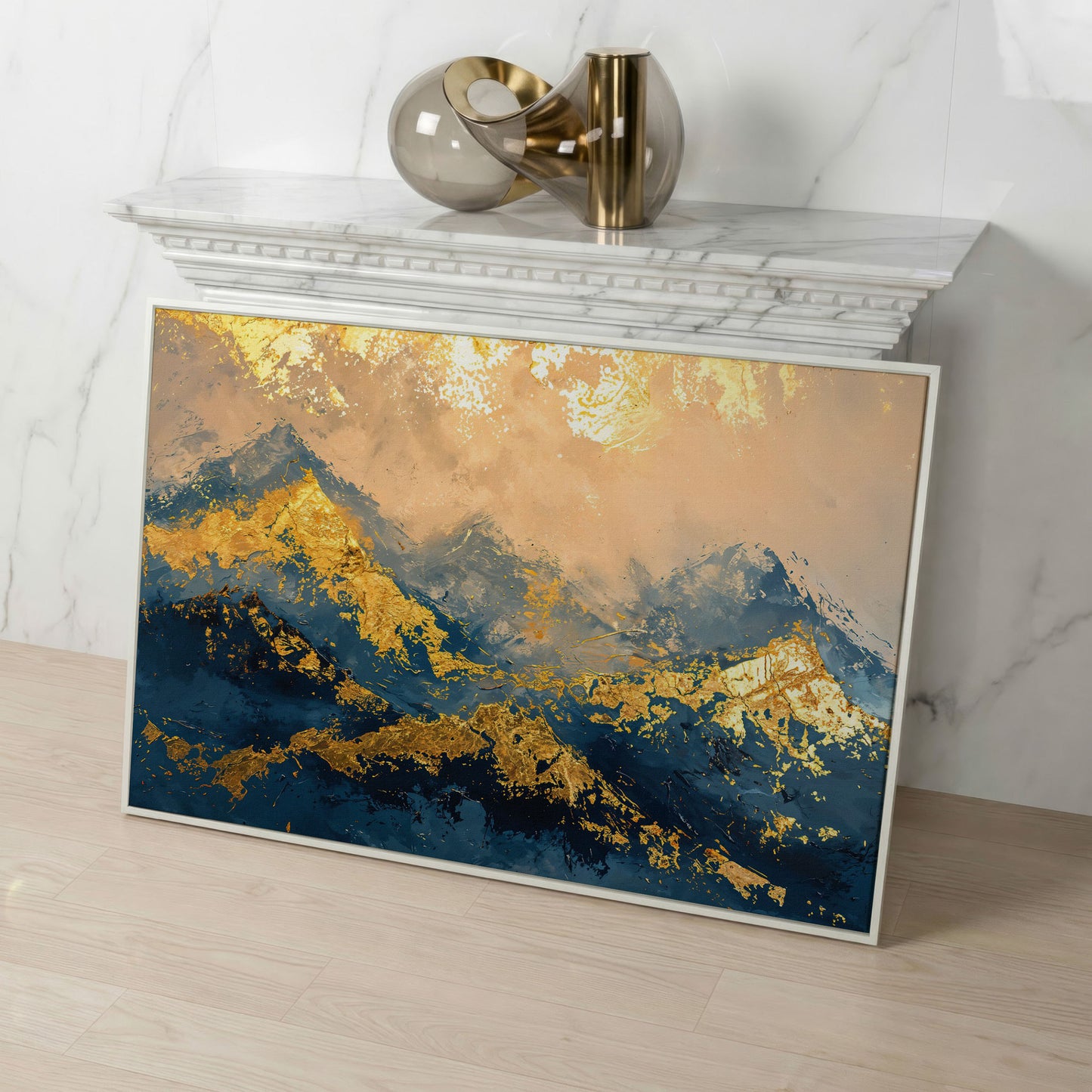 Abstract Mountain Canvas in Blue and Gold in white floating frame