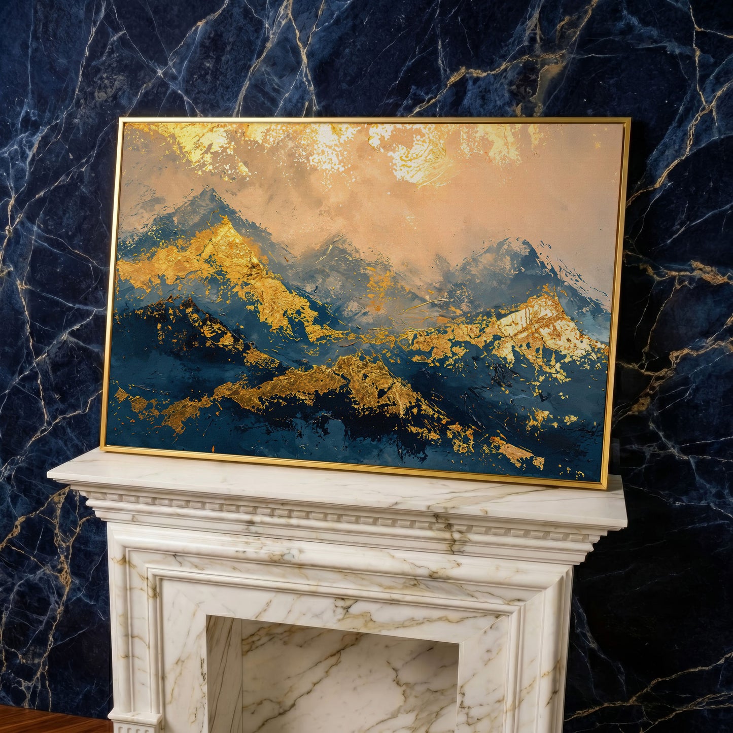 Abstract Mountain Canvas in Blue and Gold in yellow gold floating frame