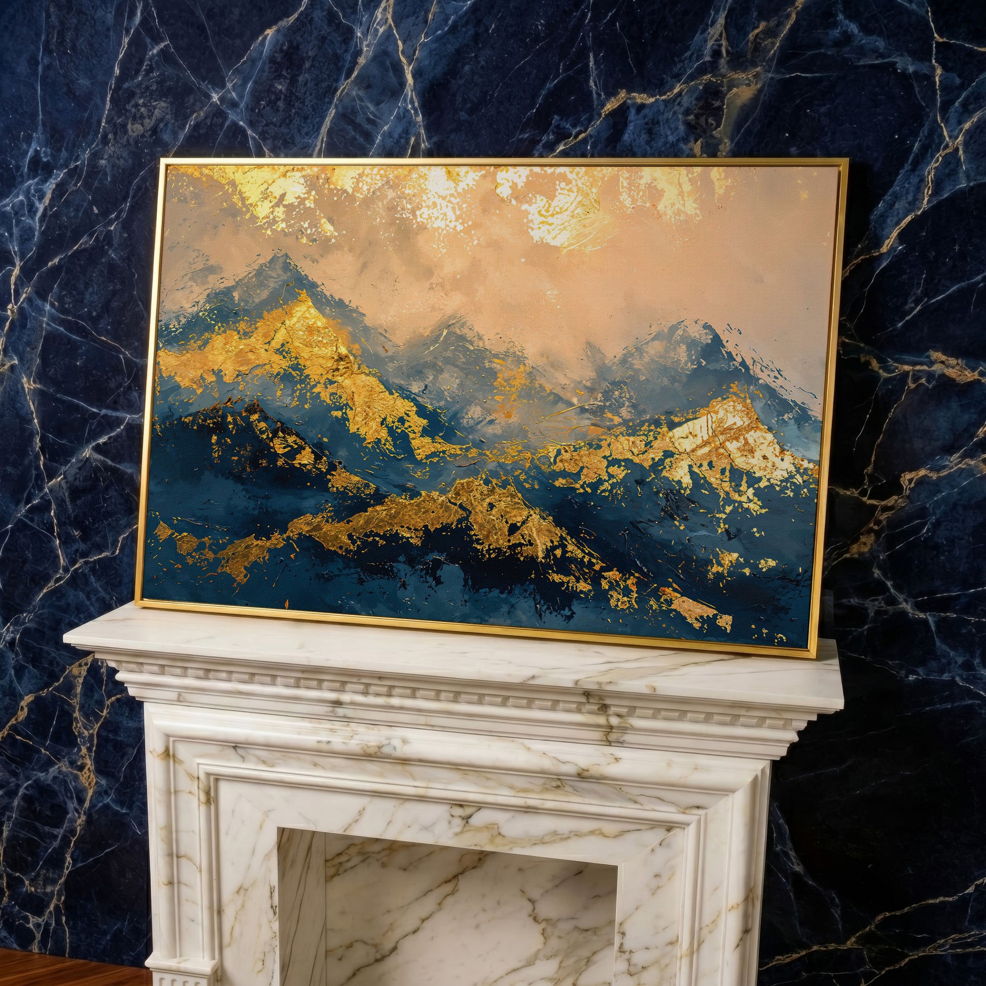 Abstract Mountain Canvas in Blue and Gold in yellow gold floating frame