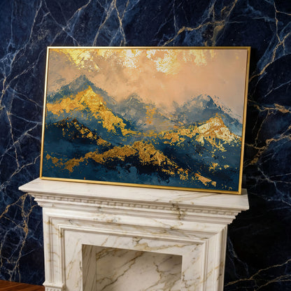 Abstract Mountain Canvas in Blue and Gold in yellow gold floating frame