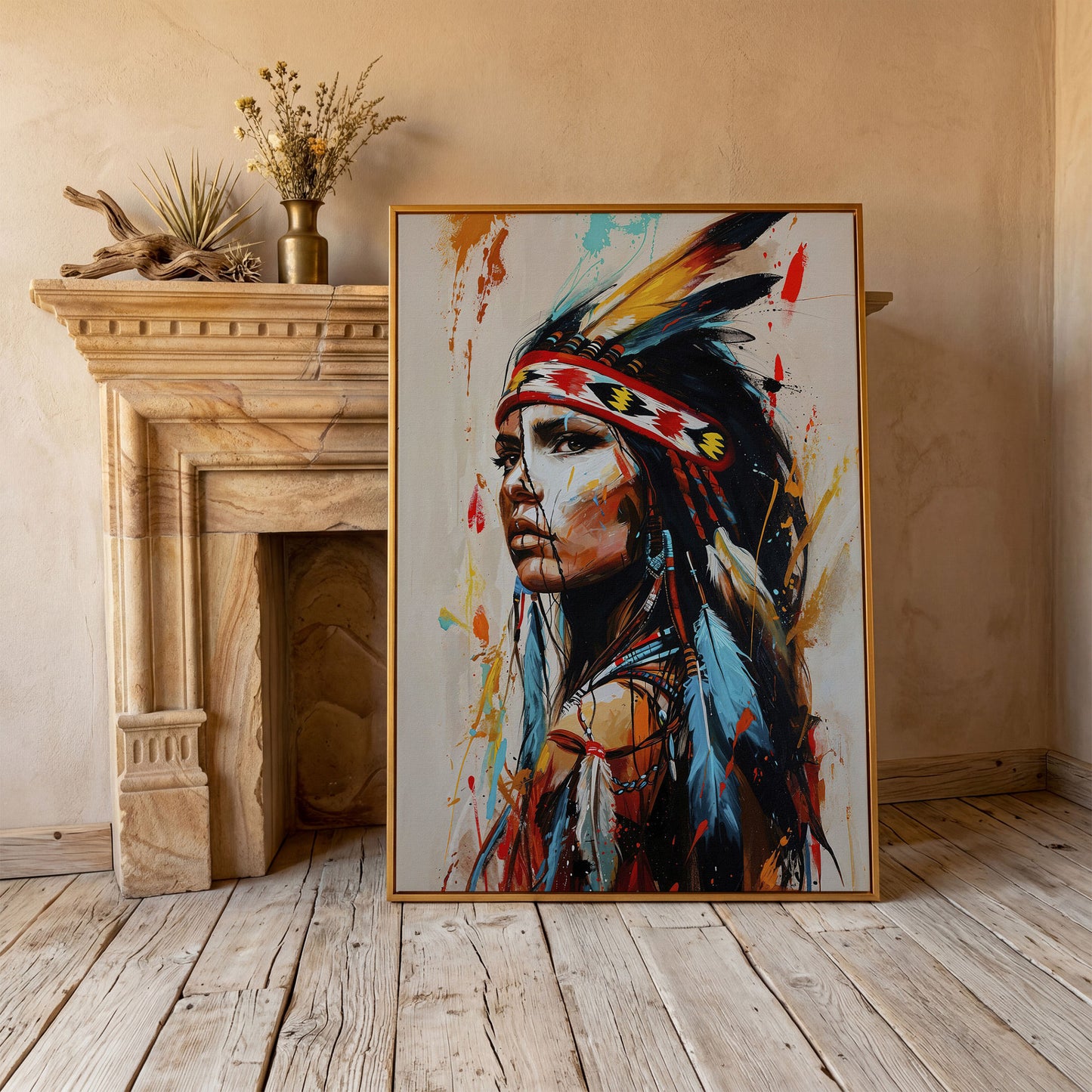 Native American Woman Portrait Canvas in antique gold floating frame