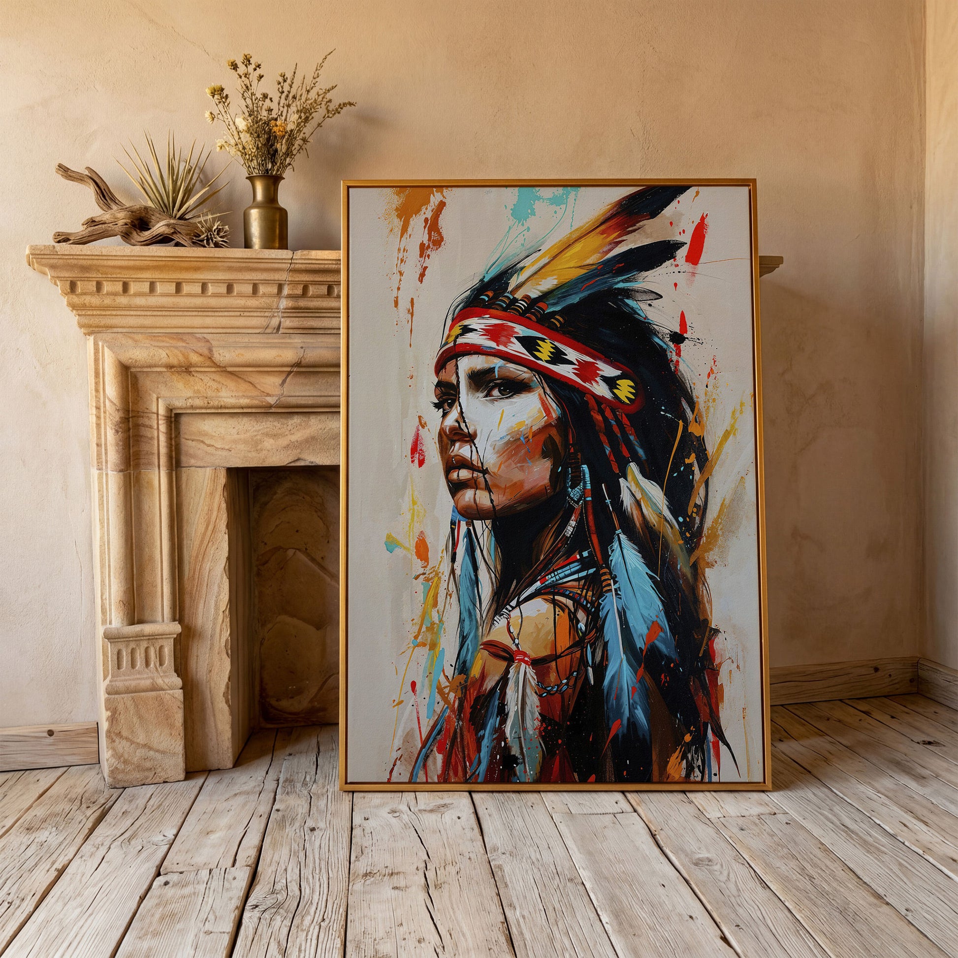 Native American Woman Portrait Canvas in antique gold floating frame