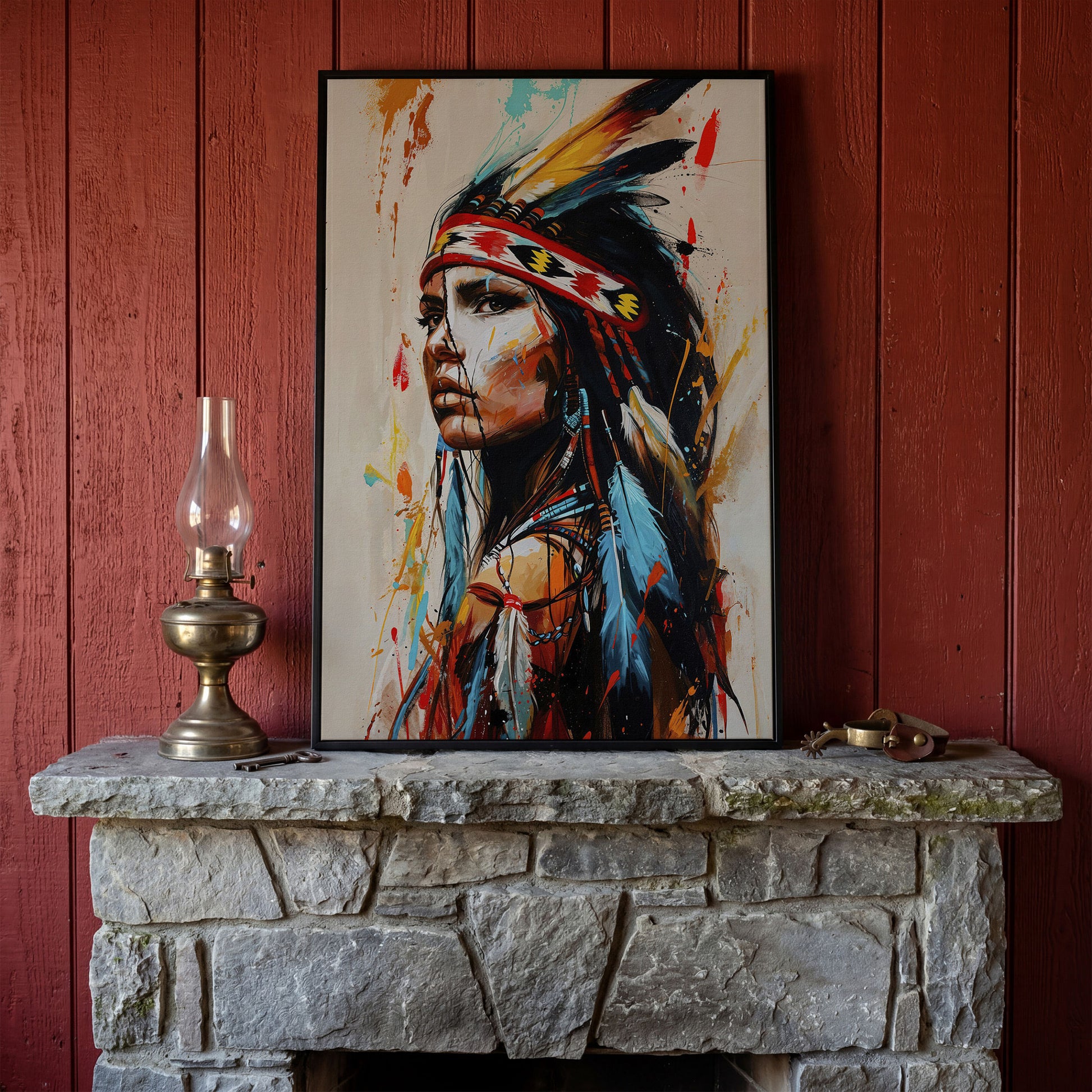 Native American Woman Portrait Canvas in black floating frame