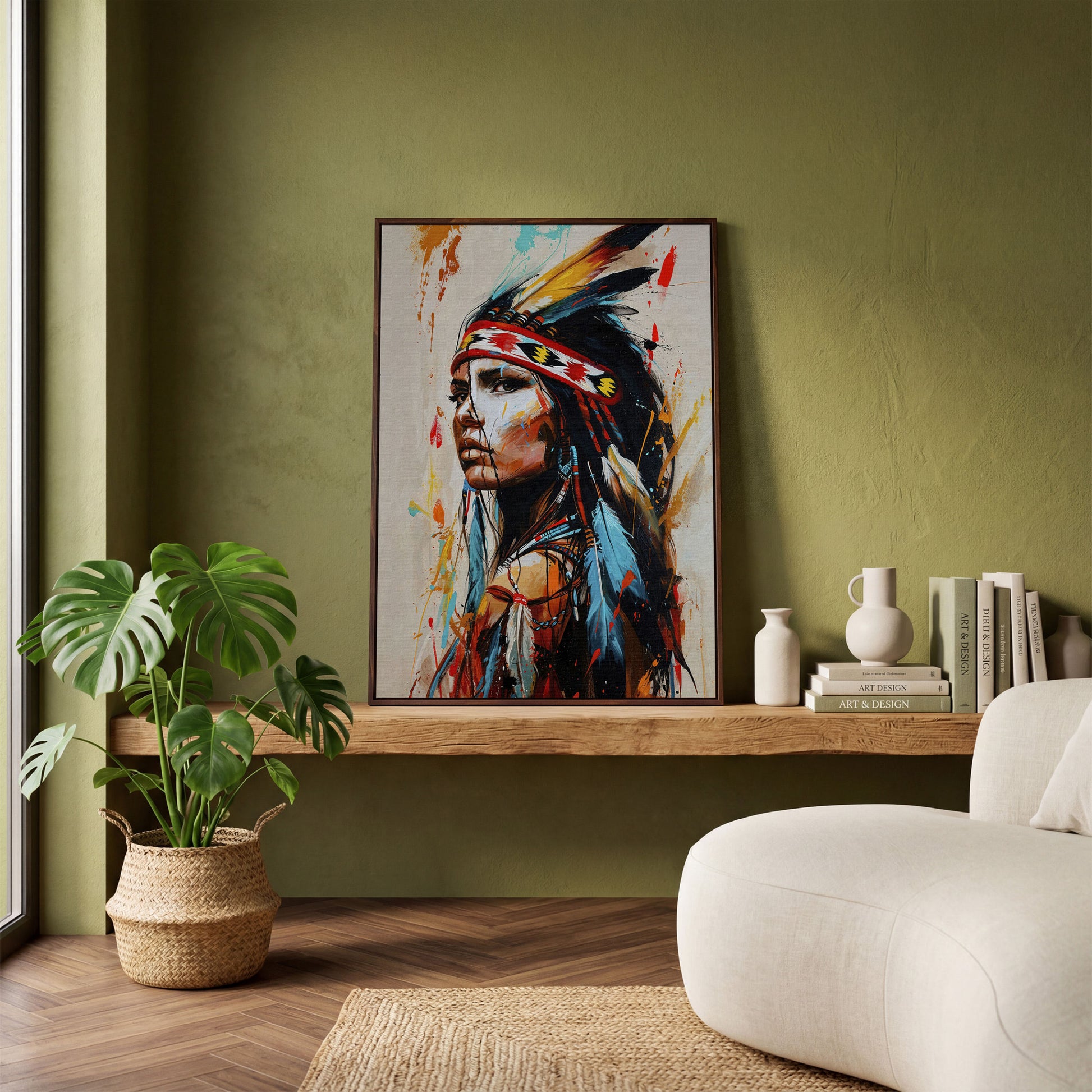 Native American Woman Portrait Canvas in dark walnut floating frame