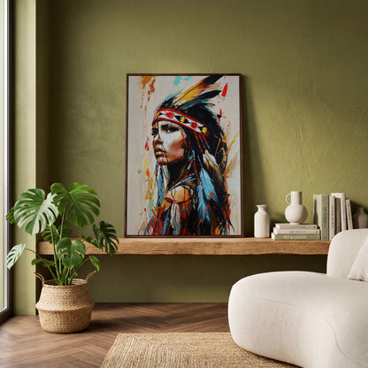 Native American Woman Portrait Canvas in dark walnut floating frame