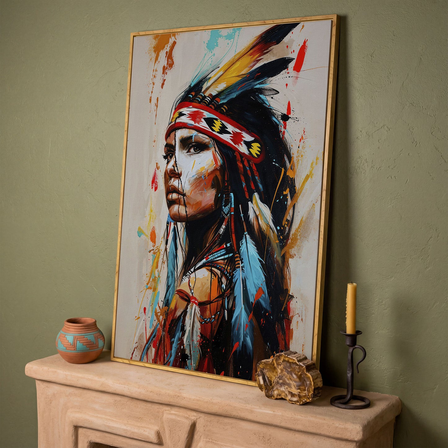 Native American Woman Portrait Canvas in white oak floating frame