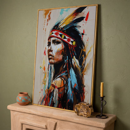 Native American Woman Portrait Canvas in white oak floating frame