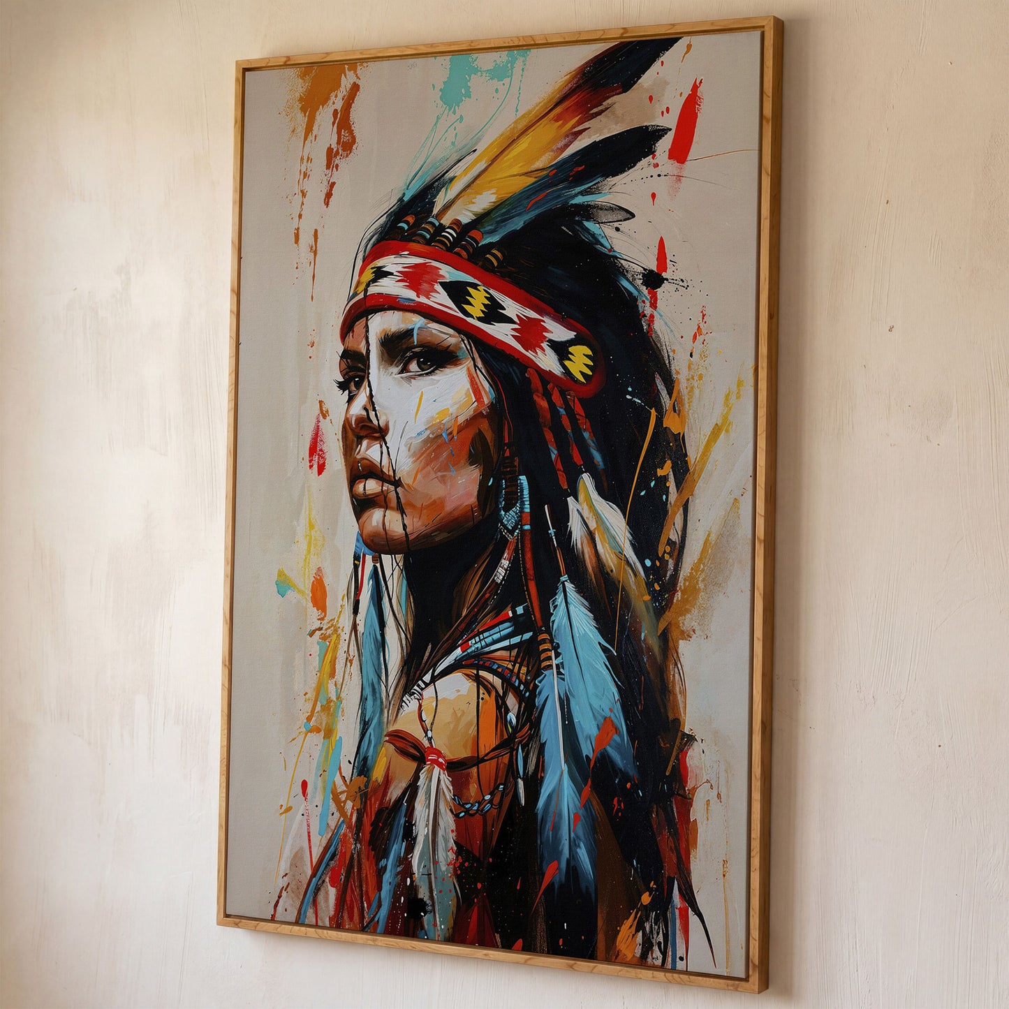 Native American Woman Portrait Canvas shown in white oak floating frame