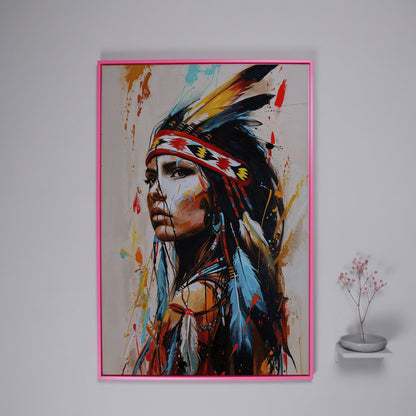 Native American Woman Portrait Canvas in pink floating frame