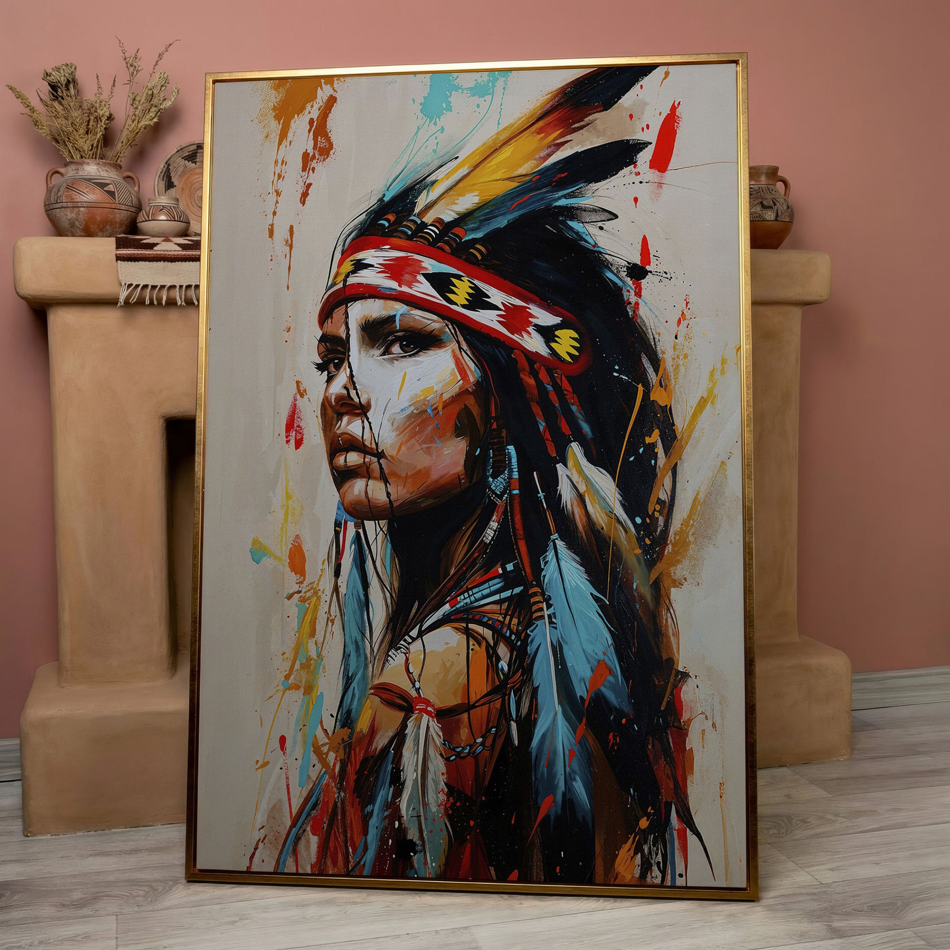Native American Woman Portrait Canvas in rose gold floating frame