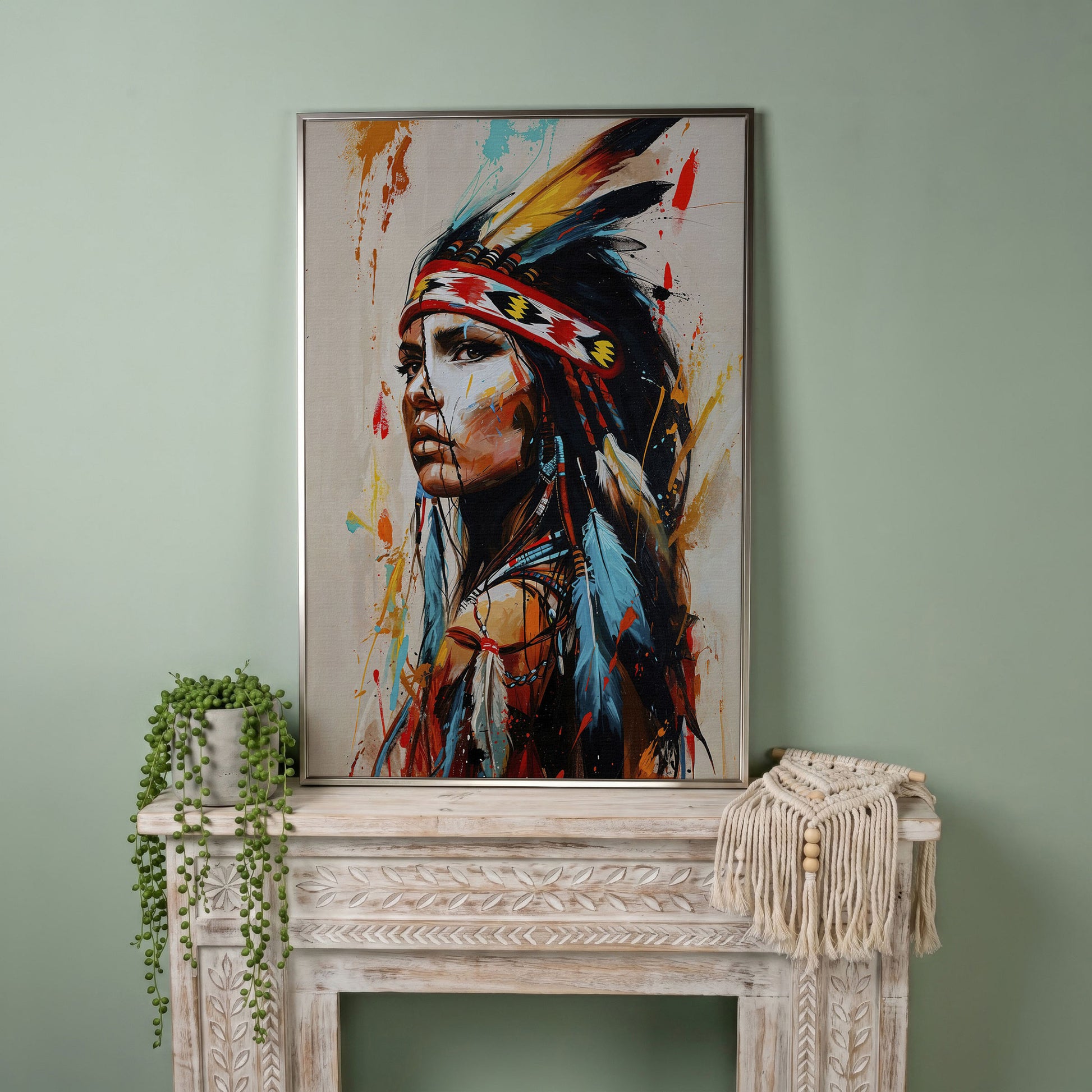Native American Woman Portrait Canvas in silver floating frame