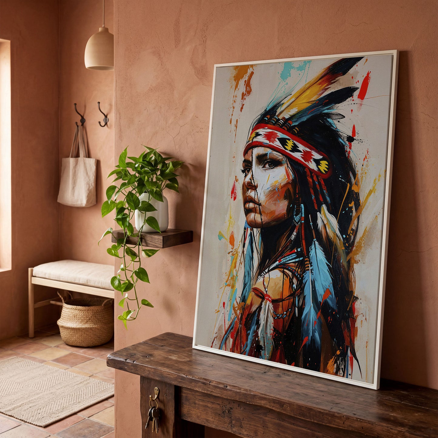 Native American Woman Portrait Canvas in white floating frame