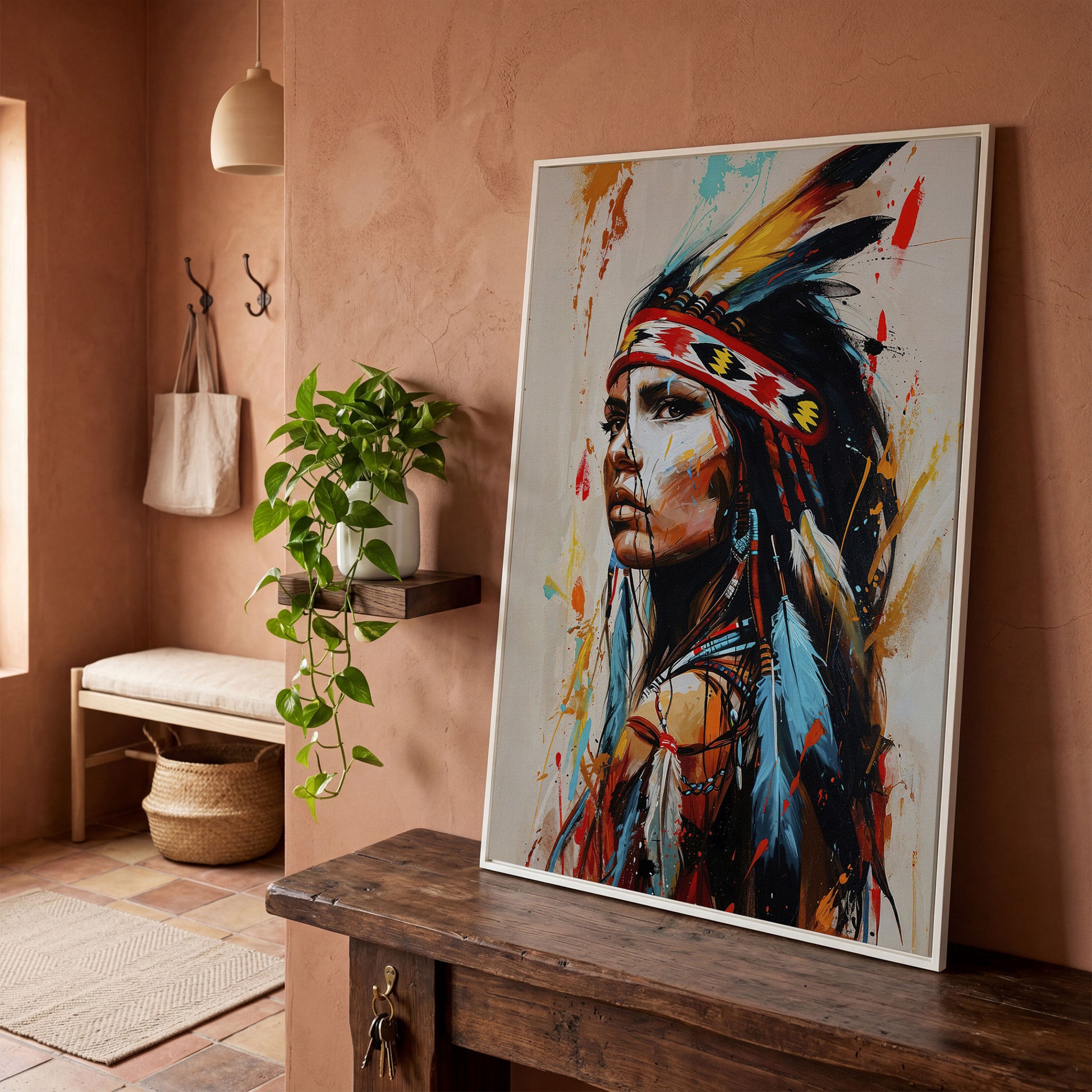 Native American Woman Portrait Canvas in white floating frame