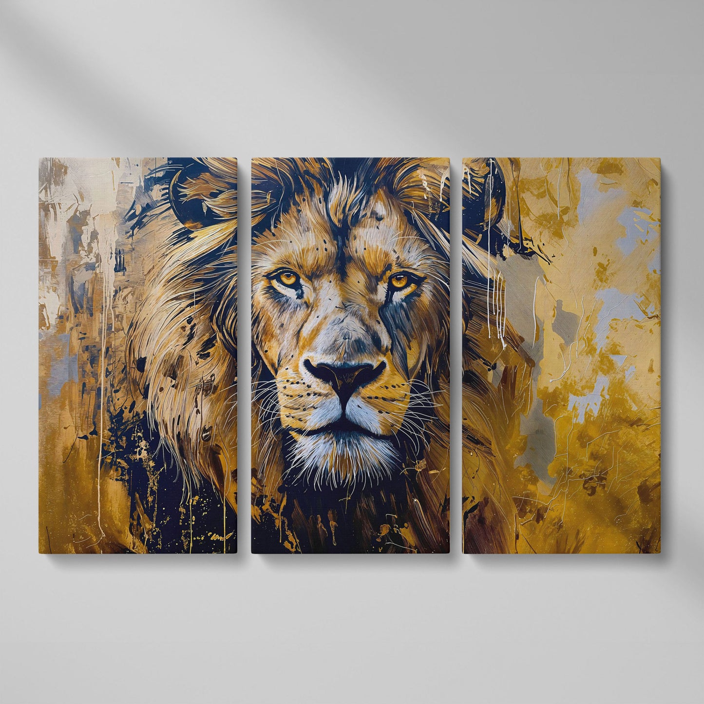 Lion Head Canvas Print in Ochre and Charcoal as 3-panel split version