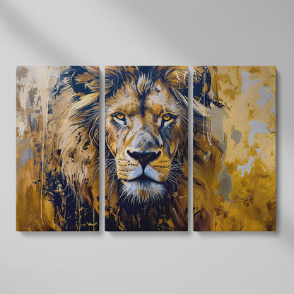Lion Head Canvas Print in Ochre and Charcoal as 3-panel split version