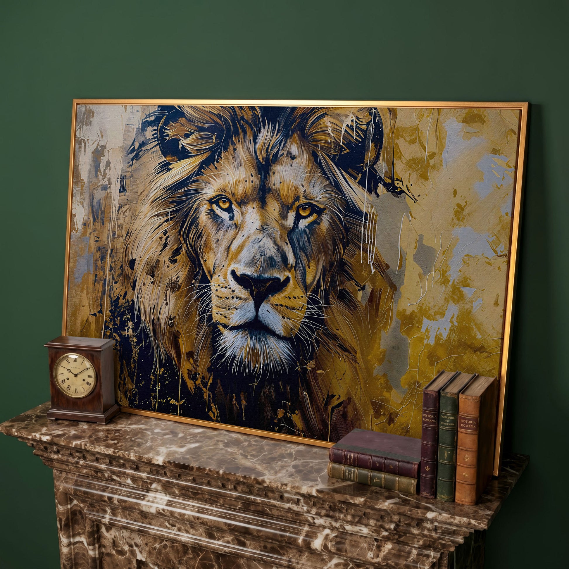Lion Head Canvas Print in Ochre and Charcoal in antique gold floating frame