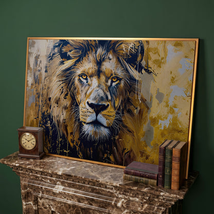 Lion Head Canvas Print in Ochre and Charcoal in antique gold floating frame