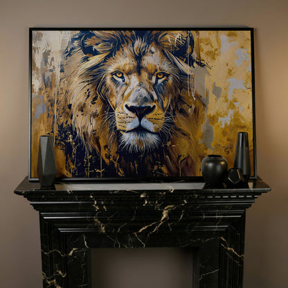 Lion Head Canvas Print in Ochre and Charcoal in black floating frame
