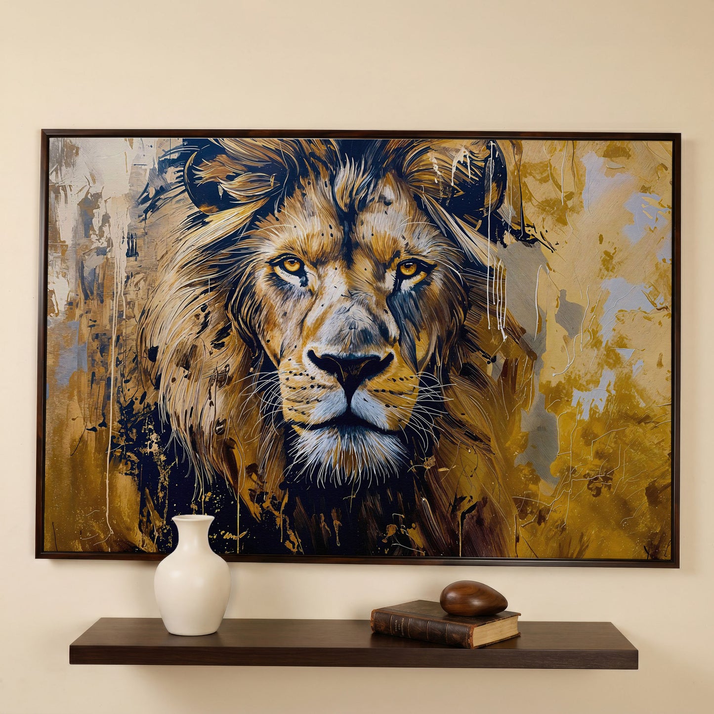 Lion Head Canvas Print in Ochre and Charcoal in dark walnut floating frame