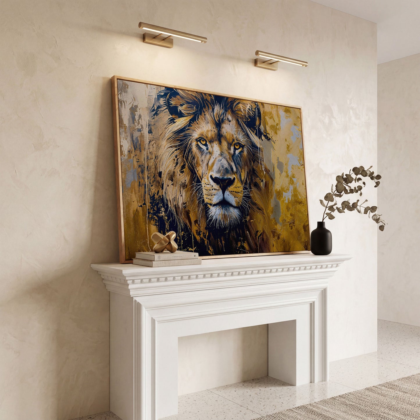 Lion Head Canvas Print in Ochre and Charcoal in white oak floating frame