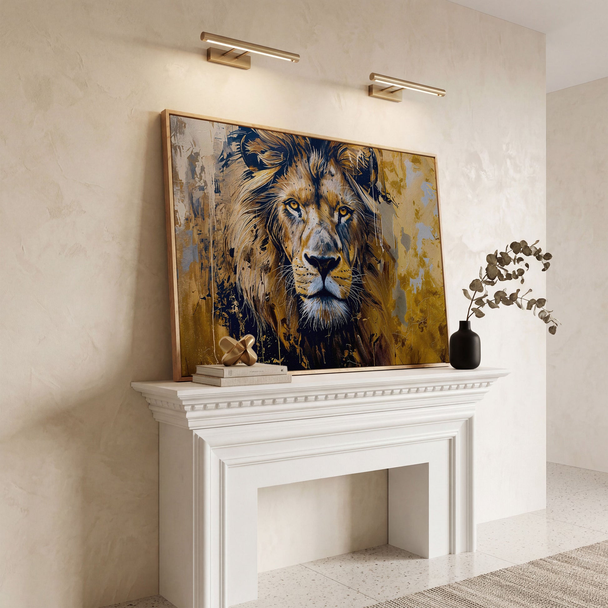 Lion Head Canvas Print in Ochre and Charcoal in white oak floating frame
