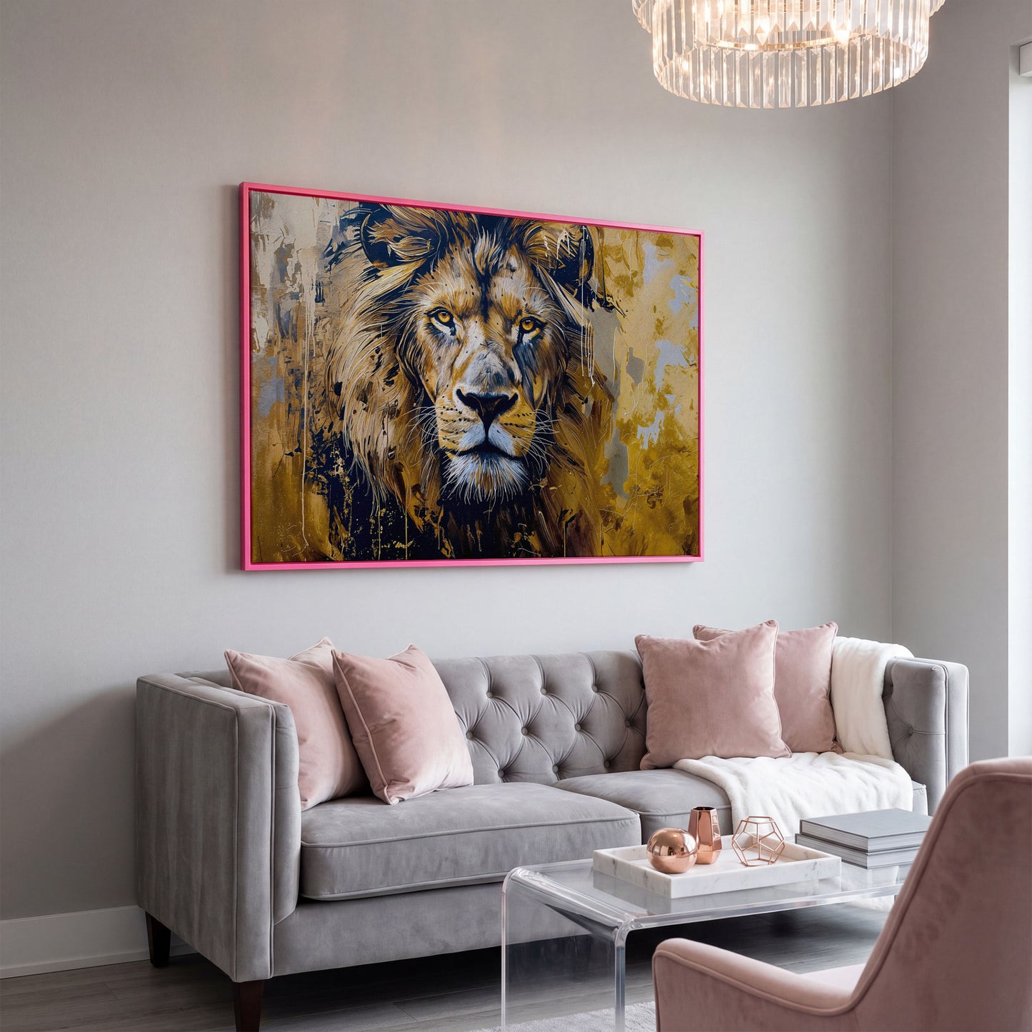 Lion Head Canvas Print in Ochre and Charcoal in pink floating frame