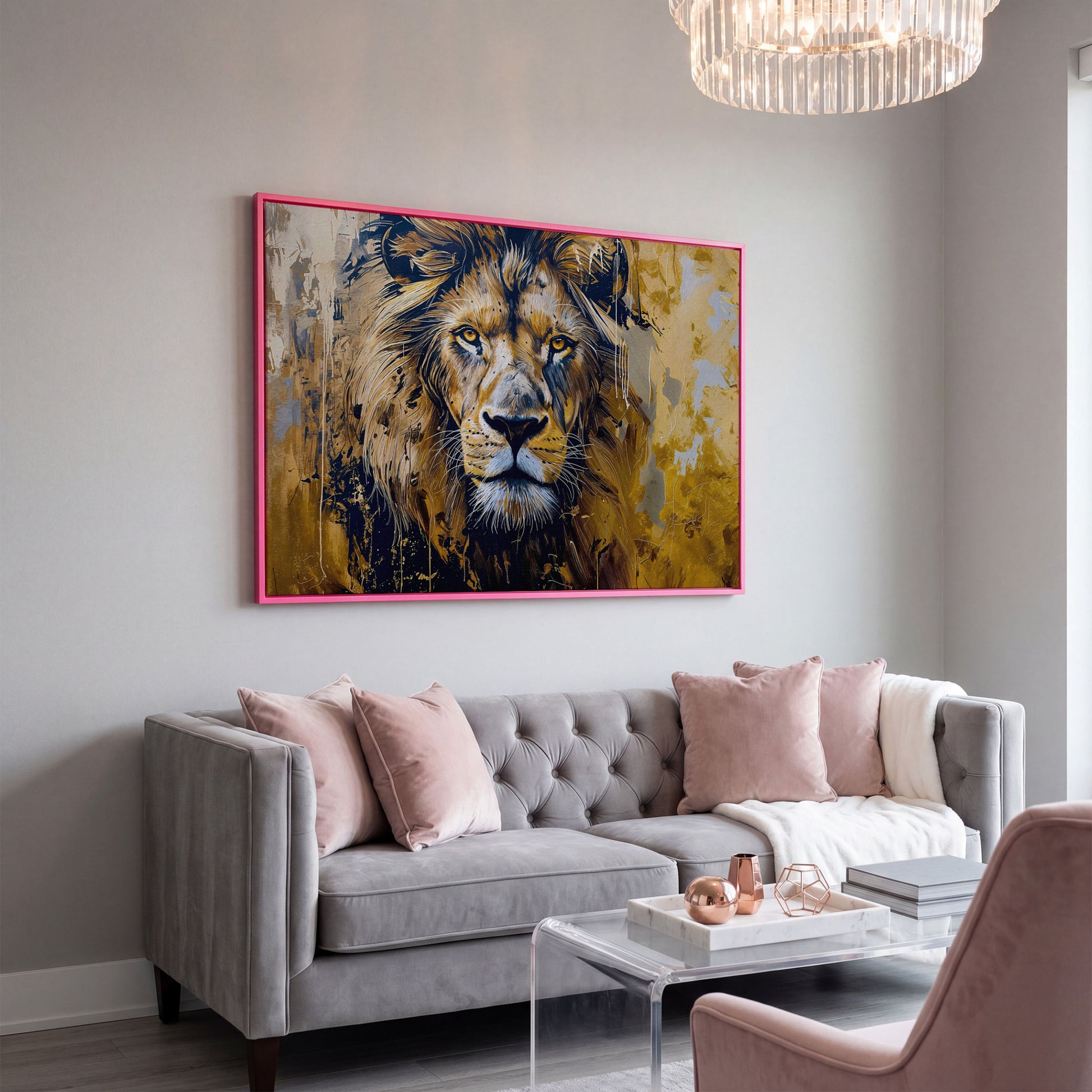 Lion Head Canvas Print in Ochre and Charcoal in pink floating frame